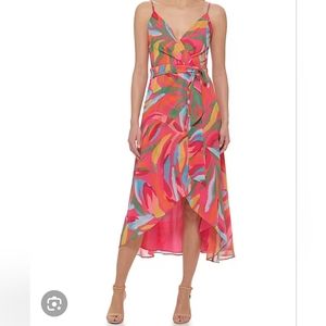 Vince Camuto pink print chiffon high low midi dress NWT Size 10